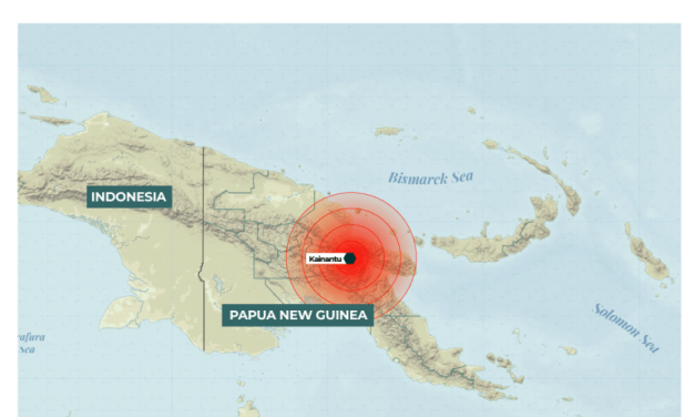 Videos of the aftermath of a 7.7 magnitude earthquake show cracked roads and damaged buildings.