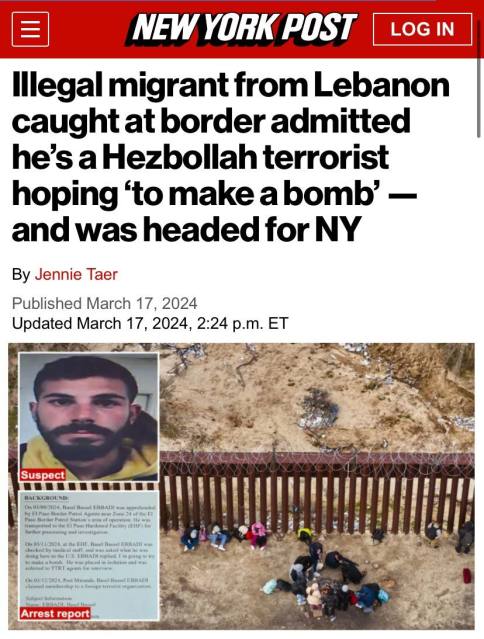 A Lebanese migrant who was caught sneaking over the border admitted he’s a member of Hezbollah, he hoped to make a bomb, and his destination was New York.